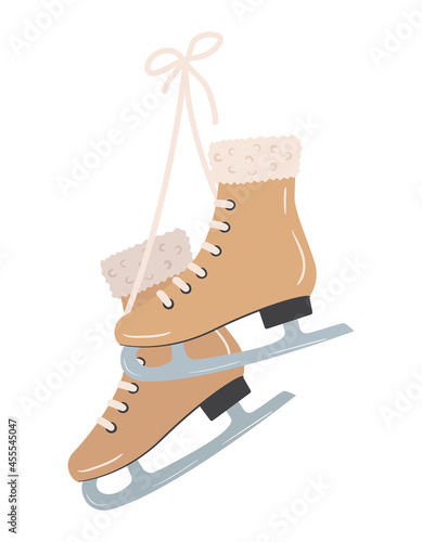 Pair of vintage ice skates hanging on laces. Symbol of winter and christmas holidays. Hand drawn vector illustration of shoes for outdoor activity.