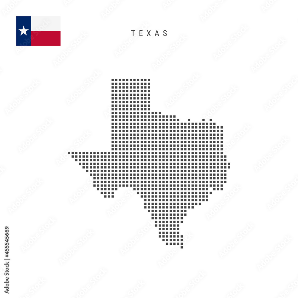 Square dots pattern map of Texas. Dotted pixel map with flag. Vector illustration