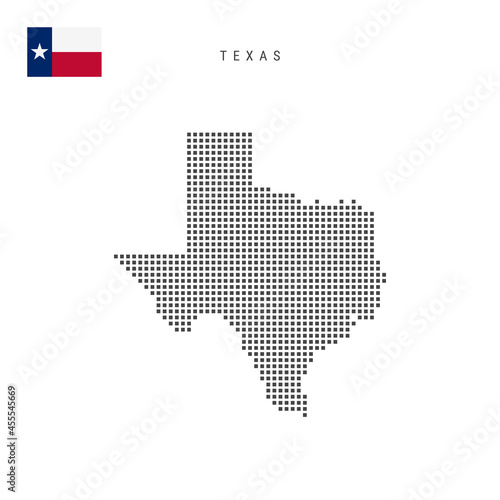 Square dots pattern map of Texas. Dotted pixel map with flag. Vector illustration
