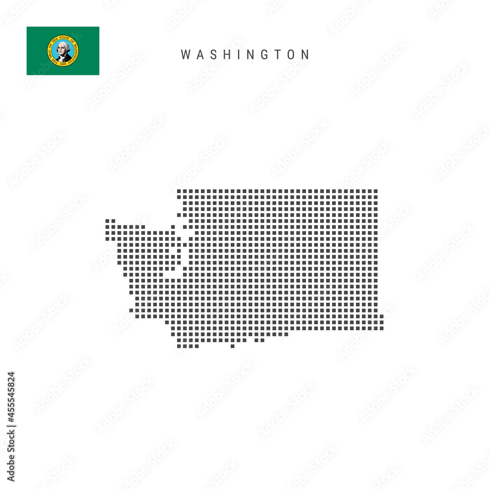 Square dots pattern map of Washington. Dotted pixel map with flag. Vector illustration