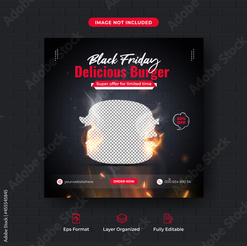 Special offer black friday burger food menu social media post or editable web banner template Premium Vector ads