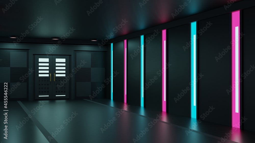 扉に続く廊下　青とピンクのイルミネーション　3DCG