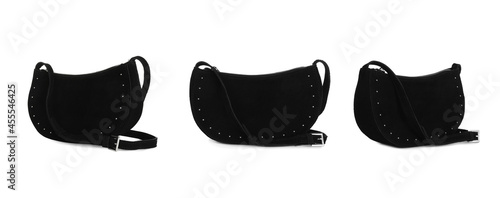 Set with stylish black women's bags on white background. Banner design