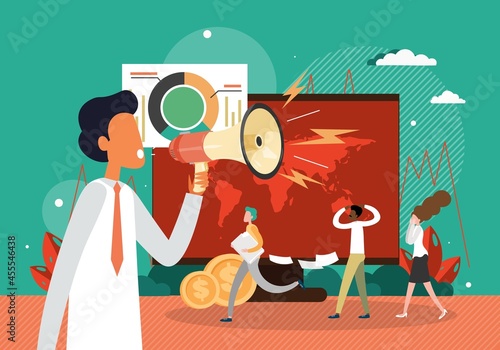 Angry boss shouting at employees through megaphone, flat vector illustration. Workplace stress, conflict.