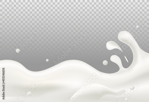 Realistic milk waves. Liquid flows, leave drops. Dairy product texture. Pictures for grocery stores. Unusual product frame design. Flat vector illustration isolated on transparent background