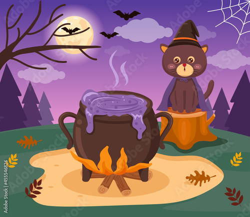 The witch's cat sits guarding the potion boiling pot