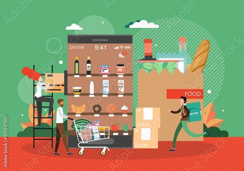 Fototapeta Naklejka Na Ścianę i Meble -  Online grocery store. People buying food using mobile app, vector illustration. Online grocery order delivery service.