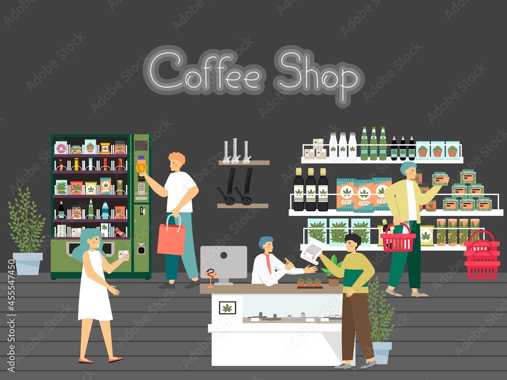 People in hemp shop, CBD store, cannabis dispensary, flat vector illustration. Weed joint smoking accessories.