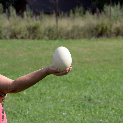 A woman holds an ostrich egg in her hand.