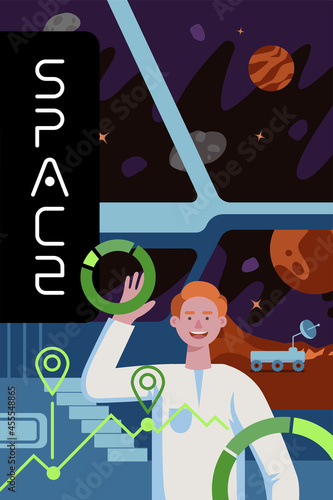 Future interstellar exploration colonizers poster. Science people in planet colonization mission space station. Spaceship main bridge interior with crew member scientist astronaut. Vector eps placard photo