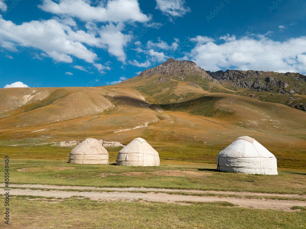 nomad houses-yurts on the background of mountains and blue sky. High quality photo