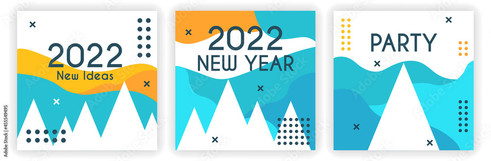 Set of Happy new year. 2022 offensive party. Smartphone wallpaper set. Winter Holidays Cards. Collection of vivid and colorful pictures. Flat vector illustrations isolated on white background