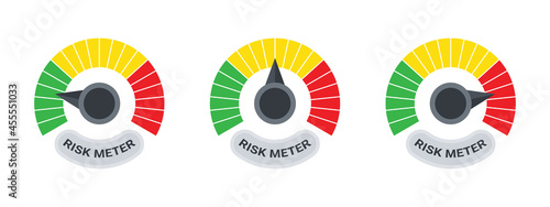 Risk meter. Risk icons. Speed indicator sign. Meter signs concept. Performance concept. Vector illustration
