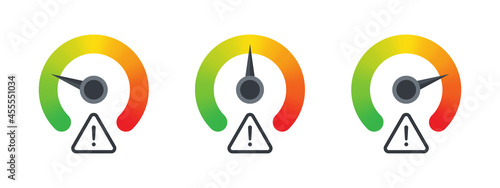 Risk meter. Risk icons. Meter signs concept. High risk concept on speedometer. Vector illustration