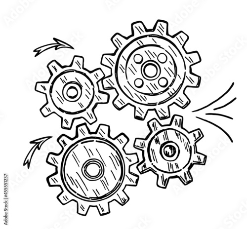 The gears represent a teamwork, idea or solution. Conceptual vector with abstract gear wheels. Sketch vector illustration