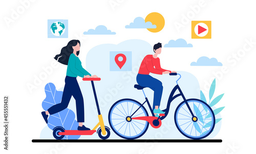 Woman riding bicycle. Man and woman actively resting. Walk in fresh air. Recreation after work. Joint hobbies. Graphic elements for website. Cartoon vector illustration isolated on white background