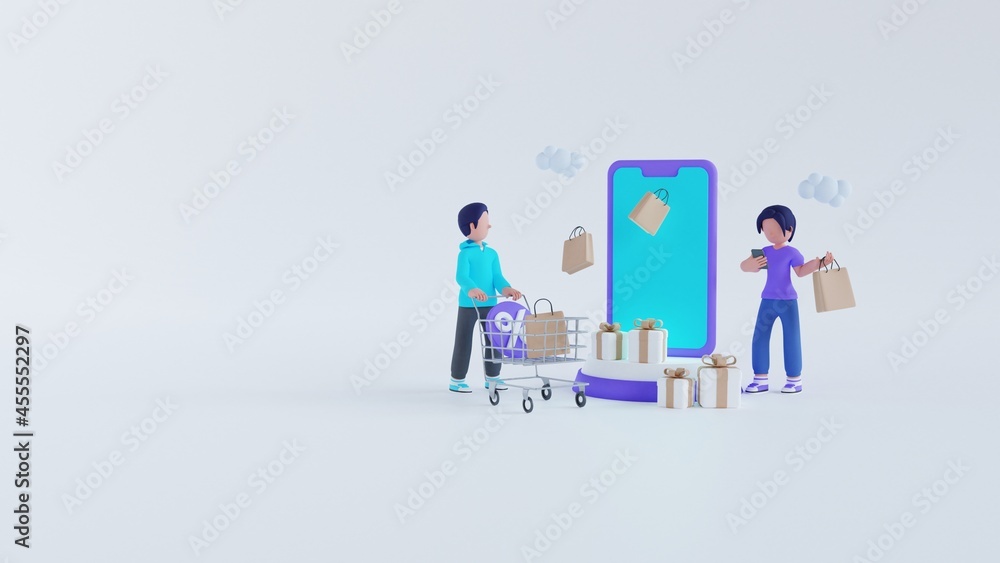 3d render man with cart and woman character online shopping concept landing page
