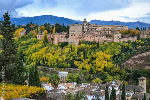 Image taken from the Saint Nicholas viewpoint of the Alhambra landscape on a cloudy autumn day