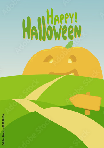 Halloween poster retro style colors. Empty space under text, an empty road sign to pumpkin.