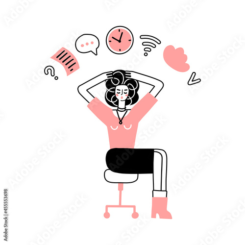 Multitasking business woman sitting at office chair. female manager professional grabs herhead . Office busy work doodle hand drawn vector concept.