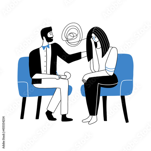 Male Psychologist having session with his patient. Counseling therapy concept. Man Character try to help woman with obsessive thoughts. Psychotherapy session. Vector doodle illustration.