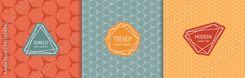 Vector abstract seamless pattern set with stylish labels, badges. Stylish cover designs. Abstract texture with hexagonal geometric grid. Background templates for decor, print, package. Trendy colors