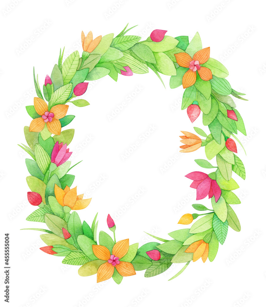 Obraz premium Watercolor hand-drawn flower wreath for design. Artistic isolated illustration.