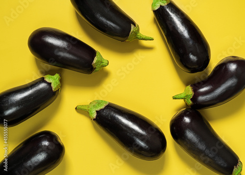 Eggplant  on yellow background.Vegetables seamless pattern. Fresh organic food.