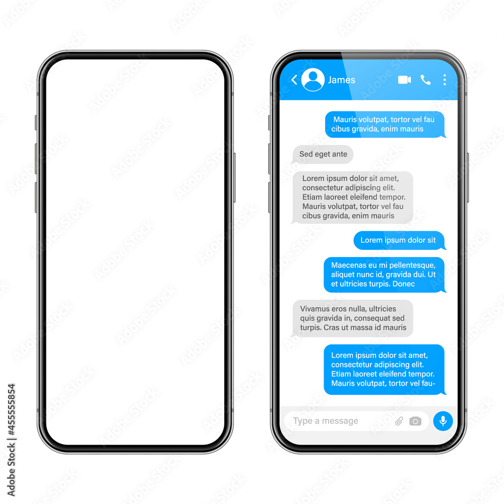 Realistic smartphone with messaging app. SMS text frame. Conversation chat screen with blue message bubbles and placeholder text. Social media application. Vector illustration. Realistic smartphone with messaging app. SMS text frame. Conversation chat screen with blue message bubbles and placeholder text. Social media application. Vector illustration.