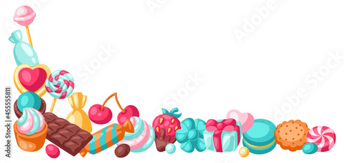 Frame with various candies and sweets. Confectionery or bakery stylized illustration.