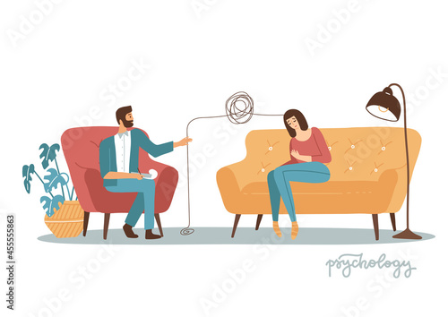 Fototapeta Naklejka Na Ścianę i Meble -  Male psychiatrist consulting concept. Medical practitioner treating female patient on behavioral, mental health problems. Psy Specialist to help with emotional disorders. Vector flat illustration