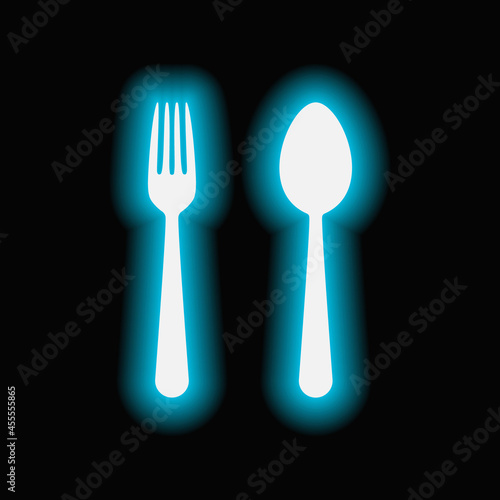 Cutlery spoon fork bright blue glowing neon icon symbol restaurant food night lighting illumination vector illustration.