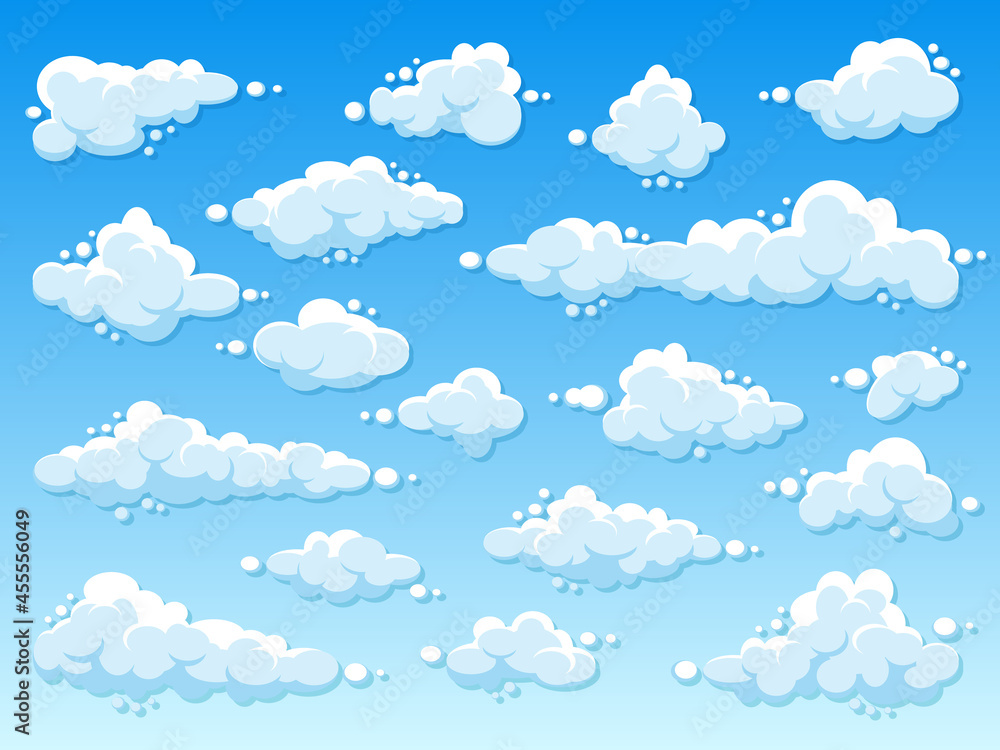 Various round clouds with shadow on blue gradient background. Summer sky panorama. Simple cartoon cloud. Flat design. Vector illustration. Various round clouds with shadow on blue gradient background. Summer sky panorama. Simple cartoon cloud. Flat design. Vector illustration.