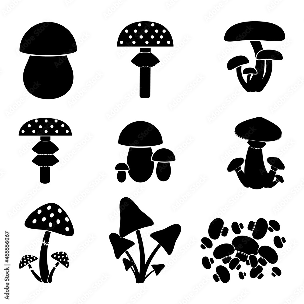 Different types of mushrooms, different sizes, black on a white background.