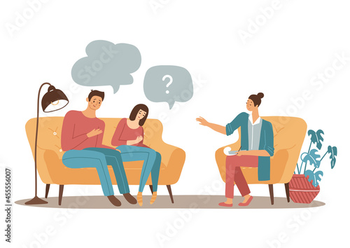 Couple Psychotherapy concept. Female Family psychologist speaking with married man and woman. Flat vector illustration