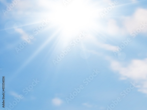 Sun light and blue sky with clouds. Summer background. Vector illustration