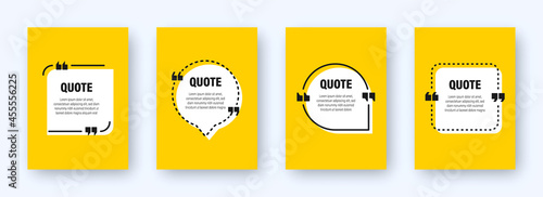 Set of modern yellow banners with quote frames. Speech bubbles with quotation marks. Blank text box and quotes. Blog post template. Vector illustration.