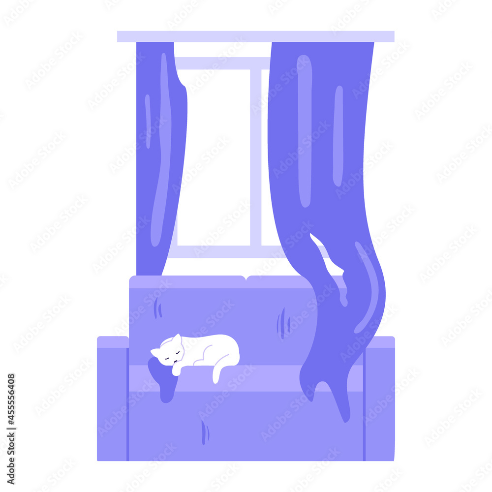 Dirty room at home, ragged curtain, chaos in house from cat. Untidy home, clutter and cat lying on couch. Vector illustration Dirty room at home, ragged curtain, chaos in house from cat. Untidy home, clutter and cat lying on couch. Vector illustration