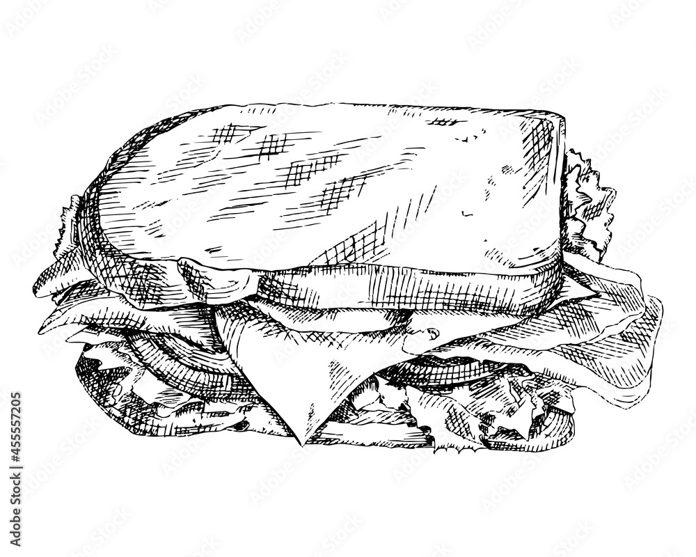 Obraz premium Hand drawn sandwich illustration. Sandwich sketch vector for design menu, restaurant, cafe. black and white vintage illustration isolated on white background.