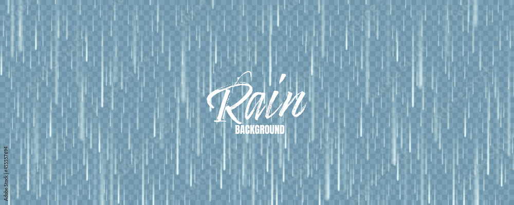 Realistic blue rain texture. Rainfall, water drops effect. Autumn wet rainy day. Vector illustration. - obrazy, fototapety, plakaty 
