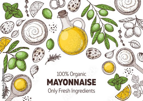 Mayonnaise sauce cooking and ingredients, hand drawn vector illustration. Homemade mayonnaise sauce, design elements. Hand drawn, package design.
