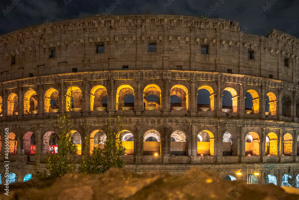 Colosseum at night, taken in Rome. Detail view with great lighting. romantic and historical Italy. roman empire