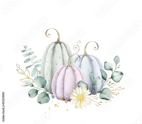 Pastel pumpkins and eucalyptus arrangement isolated on white background.Perfect graphic for Thanksgiving day, Halloween, greeting cards, photos, posters, quotes, scrapbooking and more. photo