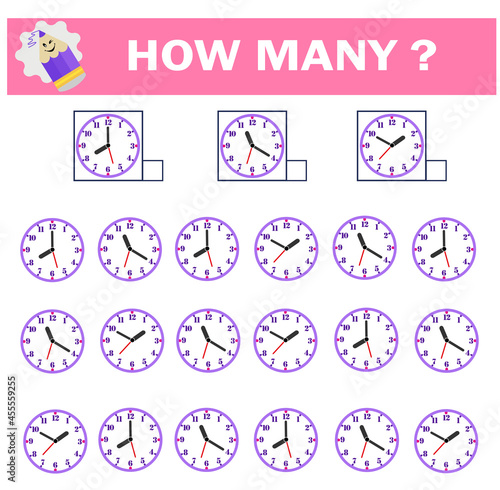 Mathematical game for Preschool children. Count how many clock and write the result.