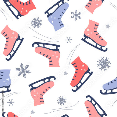 Seamless pattern of ice figure skates and snowflakes on a white background. Winter New Year's ornament. Christmas gifts and holidays. Vector graphics.