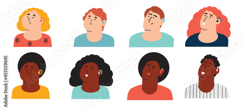 A set of characters of different ages with a hearing aid. Children and adults with ear problems. Vector illustration in flat style