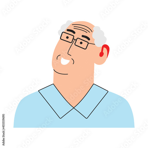 An elderly person with a hearing aid. The gray-haired man has ear problems. Vector illustration in a flat style.
