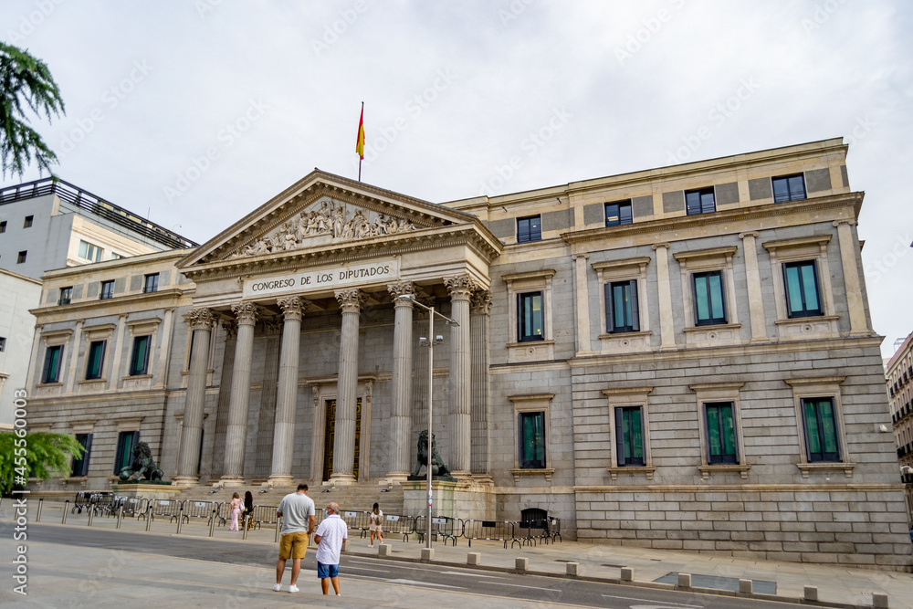 MADRID, SPAIN - SEPTEMBER 7, 2021. Congress of Deputies. Building where politicians from all the parties in Spain meet and approve or reject the laws. Europe. Horizontal photography.
