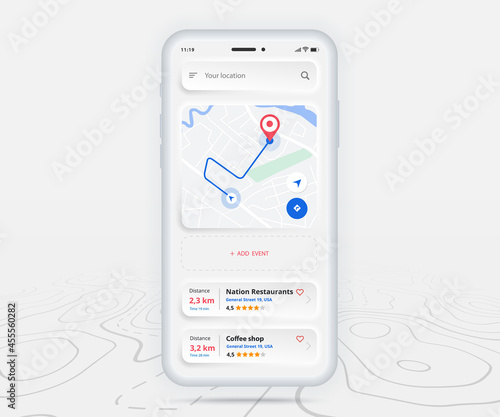 Map GPS navigation ux ui concept, Smartphone map application and destination pinpoint on screen, App search map navigate, Technology map, City navigation maps, City street, tracking, location, Vector