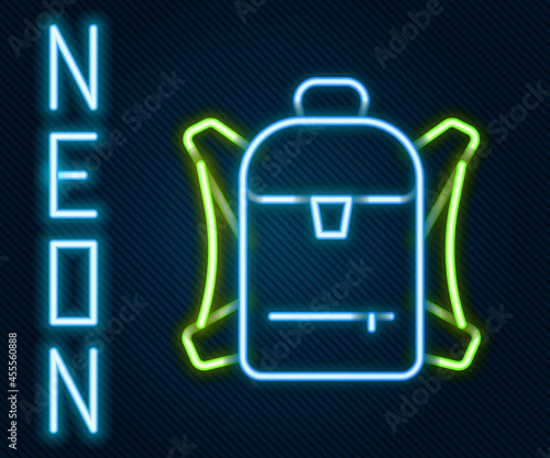 Glowing neon line Hiking backpack icon isolated on black background. Camping and mountain exploring backpack. Colorful outline concept. Vector